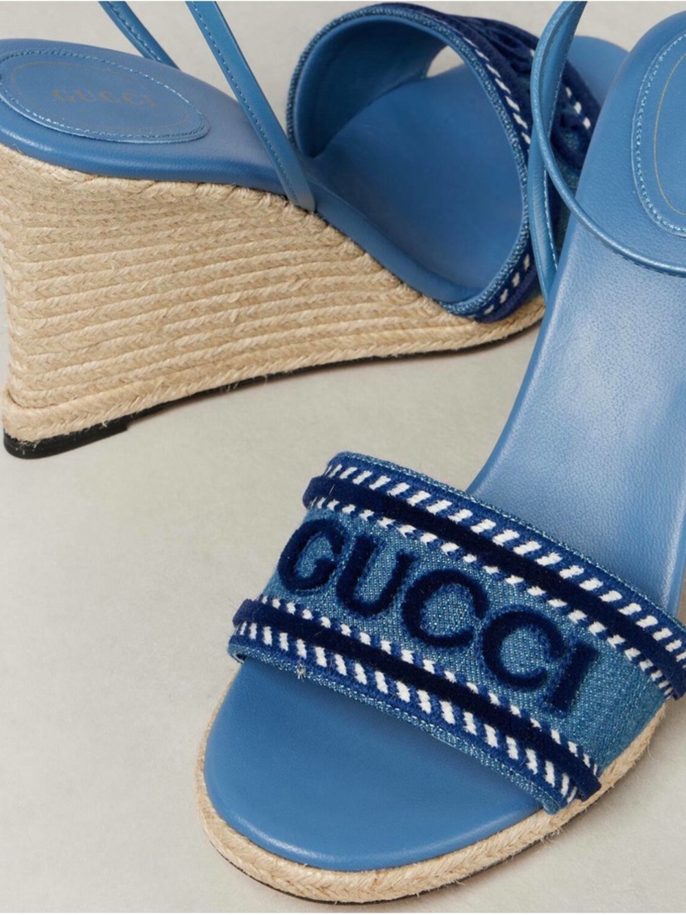 Gucci Blue Denim Logo Espadrille Wedge Sandals